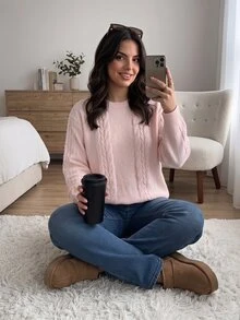 CosyJoli Plus Cable Knit Drop Shoulder Sweater Formal Office Pink Autumn Casual Traditional - Pink - View 6