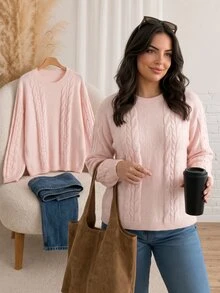 CosyJoli Plus Cable Knit Drop Shoulder Sweater Formal Office Pink Autumn Casual Traditional - Pink - View 5