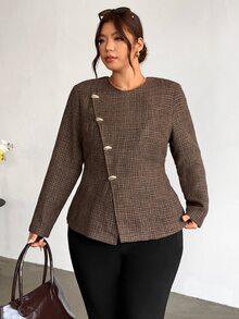 Firerie Plus Size Elegant Commuter Office Asymmetric Front Jacket Autumn Fall - Khaki - View 5