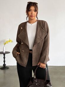Firerie Plus Size Elegant Commuter Office Asymmetric Front Jacket Autumn Fall - Khaki - View 2