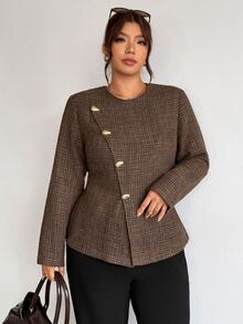 Firerie Plus Size Elegant Commuter Office Asymmetric Front Jacket Autumn Fall - Khaki - View 7