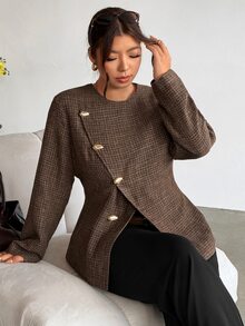 Firerie Plus Size Elegant Commuter Office Asymmetric Front Jacket Autumn Fall - Khaki - View 4