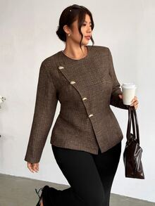 Firerie Plus Size Elegant Commuter Office Asymmetric Front Jacket Autumn Fall - Khaki - View 8