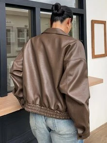 Dazy Plus Women's New Spring/Autumn Distressed Leather Short Jacket, Valentine's Day Regular Fit Outerwear, Plus Size - Brown - View 2