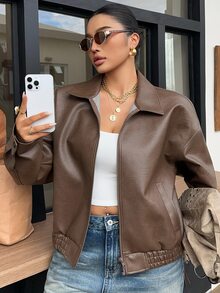 Dazy Plus Women's New Spring/Autumn Distressed Leather Short Jacket, Valentine's Day Regular Fit Outerwear, Plus Size - Brown - View 5