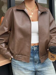 Dazy Plus Women's New Spring/Autumn Distressed Leather Short Jacket, Valentine's Day Regular Fit Outerwear, Plus Size - Brown - View 6