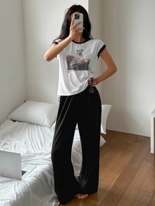 DAZY 2 peças/Conjunto Camiseta Feminina com Estampa de Cachorro em Inglês & Calça de Pijama Longa Lisa, Roupa de Casa de Verão - Branco - Visão 4