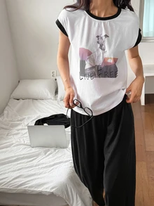 DAZY 2 peças/Conjunto Camiseta Feminina com Estampa de Cachorro em Inglês & Calça de Pijama Longa Lisa, Roupa de Casa de Verão - Branco - Visão 3