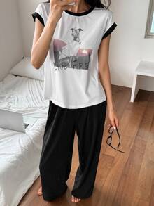 DAZY 2 peças/Conjunto Camiseta Feminina com Estampa de Cachorro em Inglês & Calça de Pijama Longa Lisa, Roupa de Casa de Verão - Branco - Visão 6