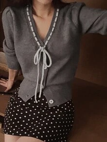 DAZY Women's Contrast Color Drawstring Tie-Up Long Sleeve V-Neck Casual Cute Vacation Korean Style Fall Knit Cardigan School Date Dark Grey Winter - Grey - View 6