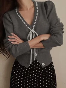 DAZY Women's Contrast Color Drawstring Tie-Up Long Sleeve V-Neck Casual Cute Vacation Korean Style Fall Knit Cardigan School Date Dark Grey Winter - Grey - View 5