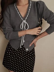 DAZY Women's Contrast Color Drawstring Tie-Up Long Sleeve V-Neck Casual Cute Vacation Korean Style Fall Knit Cardigan School Date Dark Grey Winter - Grey - View 4