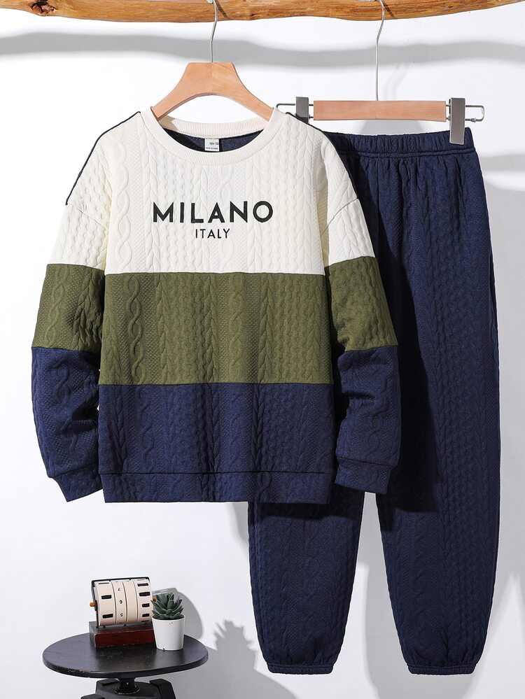 SHEIN KidsTweenBoy Casual Soft Jacquard Fabric Colorblock Patchwork Loose Khaki Sweatshirt & Sweatpants Set, Suitable For Fall/Winter, School, Family Gathering, Vacation, Party, FallOutfit, WinterOutfit, Boys Outfit Kids Set - Multicolor - View 2