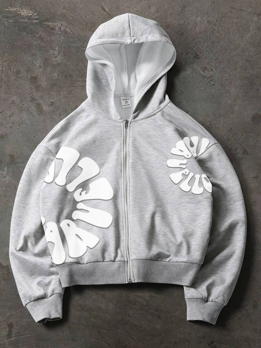 SHEIN Teen Boy Casual Letter Print Hooded Zip-Up Long Sleeve Sweatshirt Autumn/Winter Styles Suitable For The Autumn/Winter Season And The Back-To-School - Light Grey - View 1