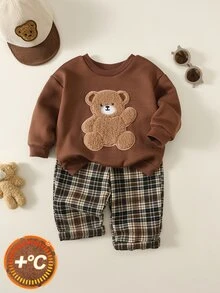 SHEIN 男嬰 2件組秋冬保暖內裡加厚休閒可愛熊圖案拼接刺繡運動衫套裝，格紋長褲，嬰兒冬季服裝套裝，聖誕 - 棕色 - 查看 6