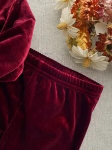 SHEIN Baby Girl Autumn/Winter Cute Burgundy Embroidered Pattern Hoodie & Pants Set Matching Sets Suitable For Christmas - Burgundy - View 6