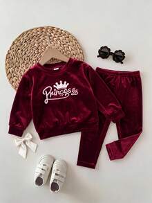 SHEIN Baby Girl Autumn/Winter Cute Burgundy Embroidered Pattern Hoodie & Pants Set Matching Sets Suitable For Christmas - Burgundy - View 1