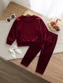 SHEIN Baby Girl Autumn/Winter Cute Burgundy Embroidered Pattern Hoodie & Pants Set Matching Sets Suitable For Christmas - Burgundy - View 3