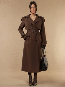 Silquee 女款秋季時尚雙排扣風衣 秋季女裝 女士通勤上班服 辦公室穿搭 節日穿搭 女款冬季 - 棕色 - 查看 9