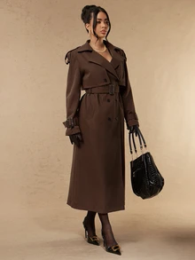 Silquee 女款秋季時尚雙排扣風衣 秋季女裝 女士通勤上班服 辦公室穿搭 節日穿搭 女款冬季 - 棕色 - 查看 7