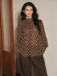 Anewsta Women's Elegant 70s Elegant Front-Tie Long Sleeve Blouse Office Brown Polka Dot Autumn - Brown - View 6