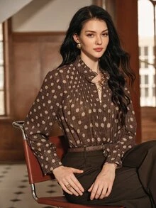 Anewsta Women's Elegant 70s Elegant Front-Tie Long Sleeve Blouse Office Brown Polka Dot Autumn - Brown - View 2