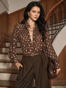 Anewsta Women's Elegant 70s Elegant Front-Tie Long Sleeve Blouse Office Brown Polka Dot Autumn - Brown - View 3