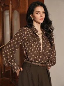 Anewsta Women's Elegant 70s Elegant Front-Tie Long Sleeve Blouse Office Brown Polka Dot Autumn - Brown - View 5