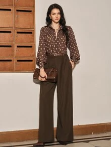 Anewsta Women's Elegant 70s Elegant Front-Tie Long Sleeve Blouse Office Brown Polka Dot Autumn - Brown - View 4