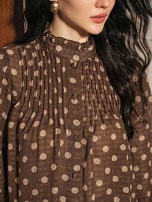 Anewsta Women's Elegant 70s Elegant Front-Tie Long Sleeve Blouse Office Brown Polka Dot Autumn - Brown - View 1