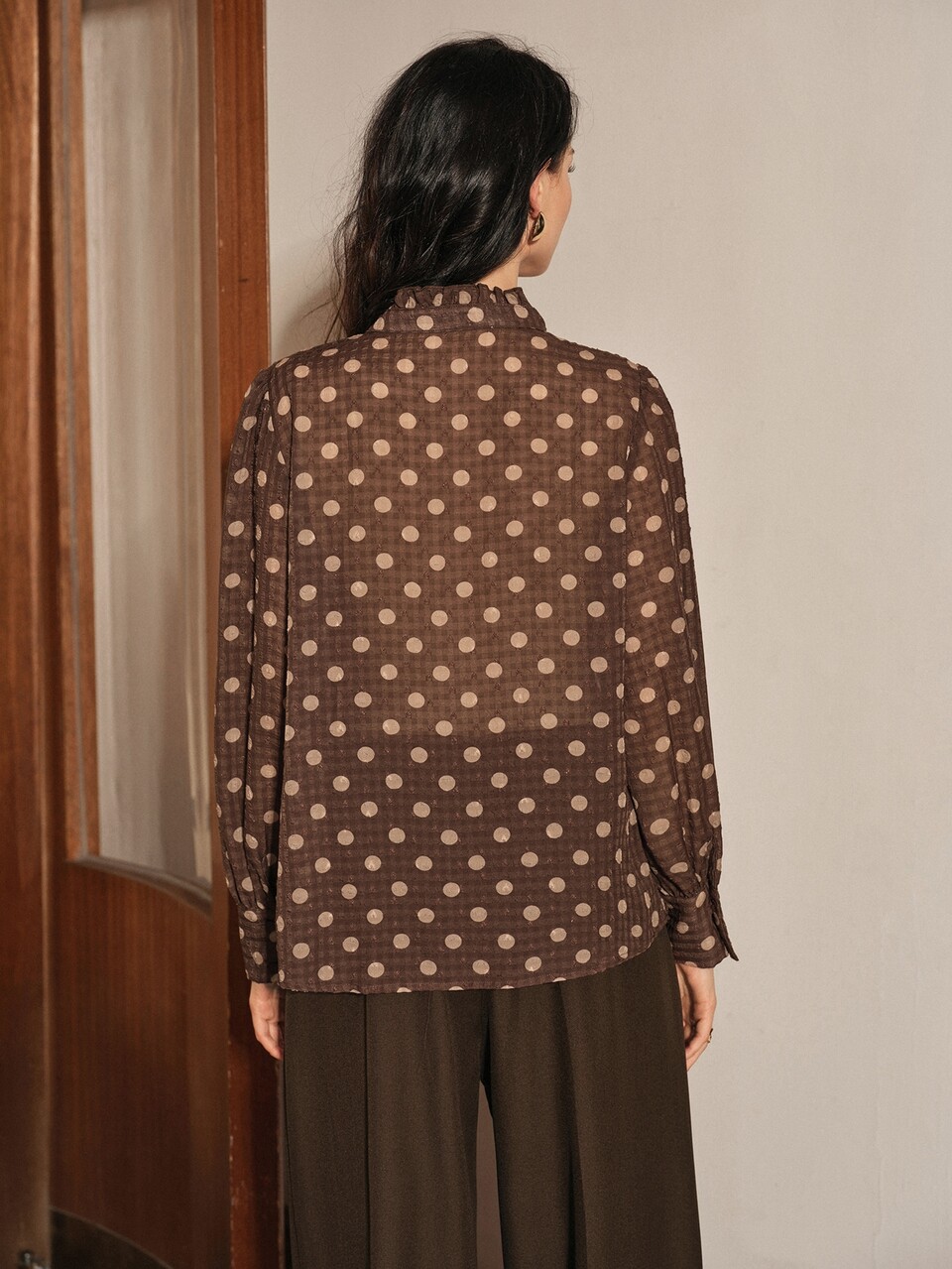Women's Elegant 70s Elegant Front-Tie Long Sleeve Blouse Office Brown Polka Dot Autumn