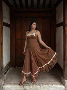 Anewsta Women's Plus Size Spaghetti Strap Waist-Cinching Slimming Dress For Date, Vacation, Casual, And Outings - Coffee Brown - View 7