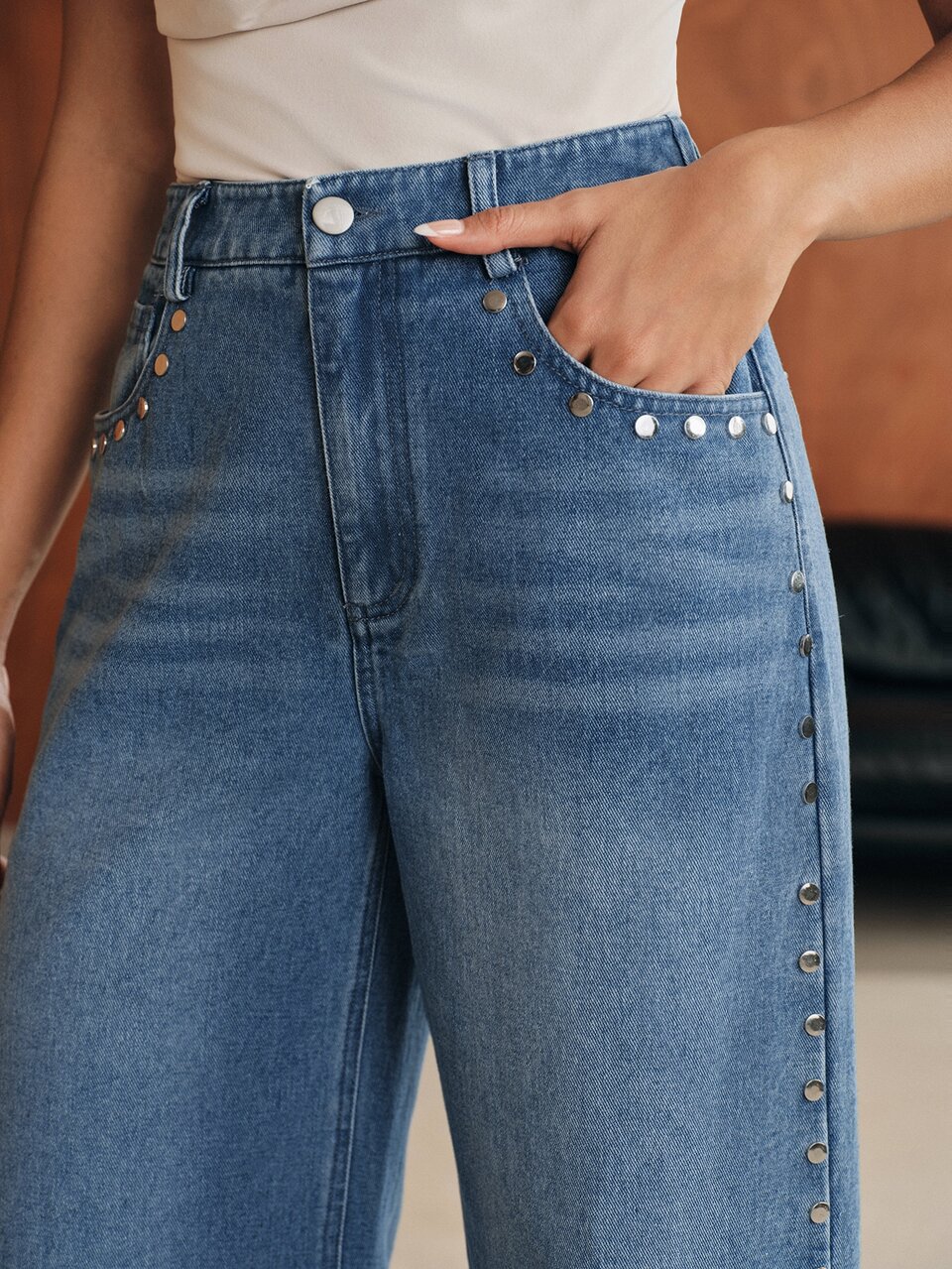 Anewsta Modern Fashion Elegant Decorative Studded Denim Straight Wide Leg Jeans For Women, Fall, Winter, Summer, Spring, Going Out, Party, Wedding, New Year