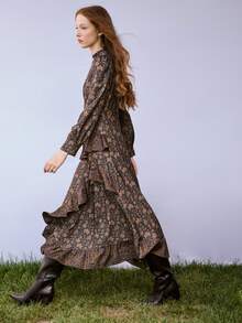 Nöista Floral Midi Dress With Ruffle Neck And Layered Skirt. Fall Winter, Christmas, Valentines, Day To Night. - Coffee Brown - View 1