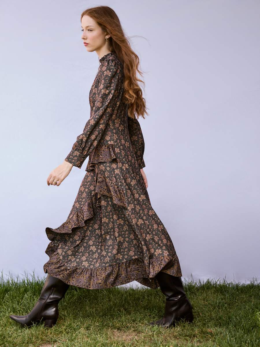 Nöista Floral Midi Dress With Ruffle Neck And Layered Skirt. Fall Winter, Christmas, Valentines, Day To Night. - Coffee Brown - View 1