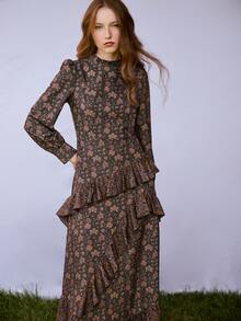 Nöista Floral Midi Dress With Ruffle Neck And Layered Skirt. Fall Winter, Christmas, Valentines, Day To Night. - Coffee Brown - View 4