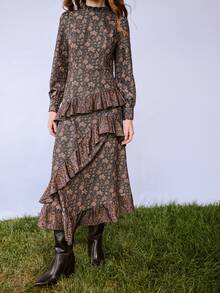 Nöista Floral Midi Dress With Ruffle Neck And Layered Skirt. Fall Winter, Christmas, Valentines, Day To Night. - Coffee Brown - View 3