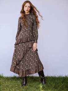 Nöista Floral Midi Dress With Ruffle Neck And Layered Skirt. Fall Winter, Christmas, Valentines, Day To Night. - Coffee Brown - View 5