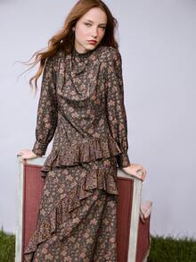 Nöista Floral Midi Dress With Ruffle Neck And Layered Skirt. Fall Winter, Christmas, Valentines, Day To Night. - Coffee Brown - View 6