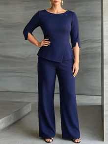 Velvienne Autumn/Winter Plus Size Women's Royal Blue Structured 2 Pieces Set, Boat Neck Split Sleeve Cinched Waist Top And Straight Leg Pants, Formal Office Commute Outfit - Blue - View 2