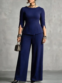 Velvienne Autumn/Winter Plus Size Women's Royal Blue Structured 2 Pieces Set, Boat Neck Split Sleeve Cinched Waist Top And Straight Leg Pants, Formal Office Commute Outfit - Blue - View 1