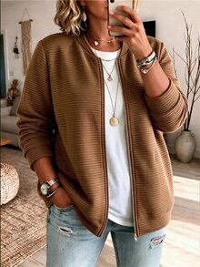 SHEIN LUNE Women's Plus Size Spring/Autumn Single Piece Horizontal Striped Embossed Stand Collar Zipper Long Sleeve Loose Casual Daily Commute Baseball Jacket - Brown - View 1