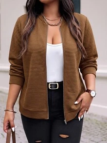 SHEIN LUNE Women's Plus Size Spring/Autumn Single Piece Horizontal Striped Embossed Stand Collar Zipper Long Sleeve Loose Casual Daily Commute Baseball Jacket - Brown - View 3