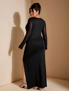 Cravure Plus Size Elegant Party Dress, Contrast Lace Long Sleeve Ruched High Slit Mermaid Maxi Evening Gown Fall - Black - View 5