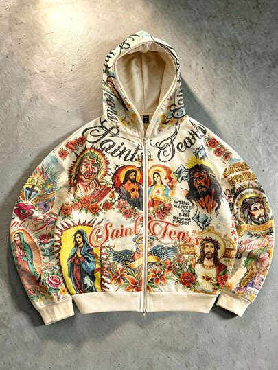 ROMWE MEN Spring Casual Graphic Men'S Zip-Up Graphic Print Casual Streetwear Hoodie Sweatshirt