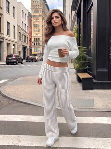 SHEIN PETITE 女款極簡拼色休閒寬腿條紋長褲 日常居家 Panlakad 褲 夏季/秋季 小個子 棕色與白色波點 - 彩色 - 查看 5