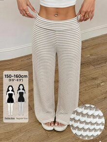 SHEIN PETITE 女款極簡拼色休閒寬腿條紋長褲 日常居家 Panlakad 褲 夏季/秋季 小個子 棕色與白色波點 - 彩色 - 查看 9