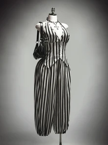 SHEIN ICON Plus Size Vintage Y2K Sexy Black & White Striped Halloween Suit Set, Clown Cosplay Suit Set, Halloween - Black and White - View 4