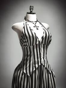 SHEIN ICON Plus Size Vintage Y2K Sexy Black & White Striped Halloween Suit Set, Clown Cosplay Suit Set, Halloween - Black and White - View 6