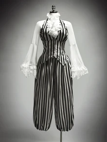 SHEIN ICON Plus Size Vintage Y2K Sexy Black & White Striped Halloween Suit Set, Clown Cosplay Suit Set, Halloween - Black and White - View 1